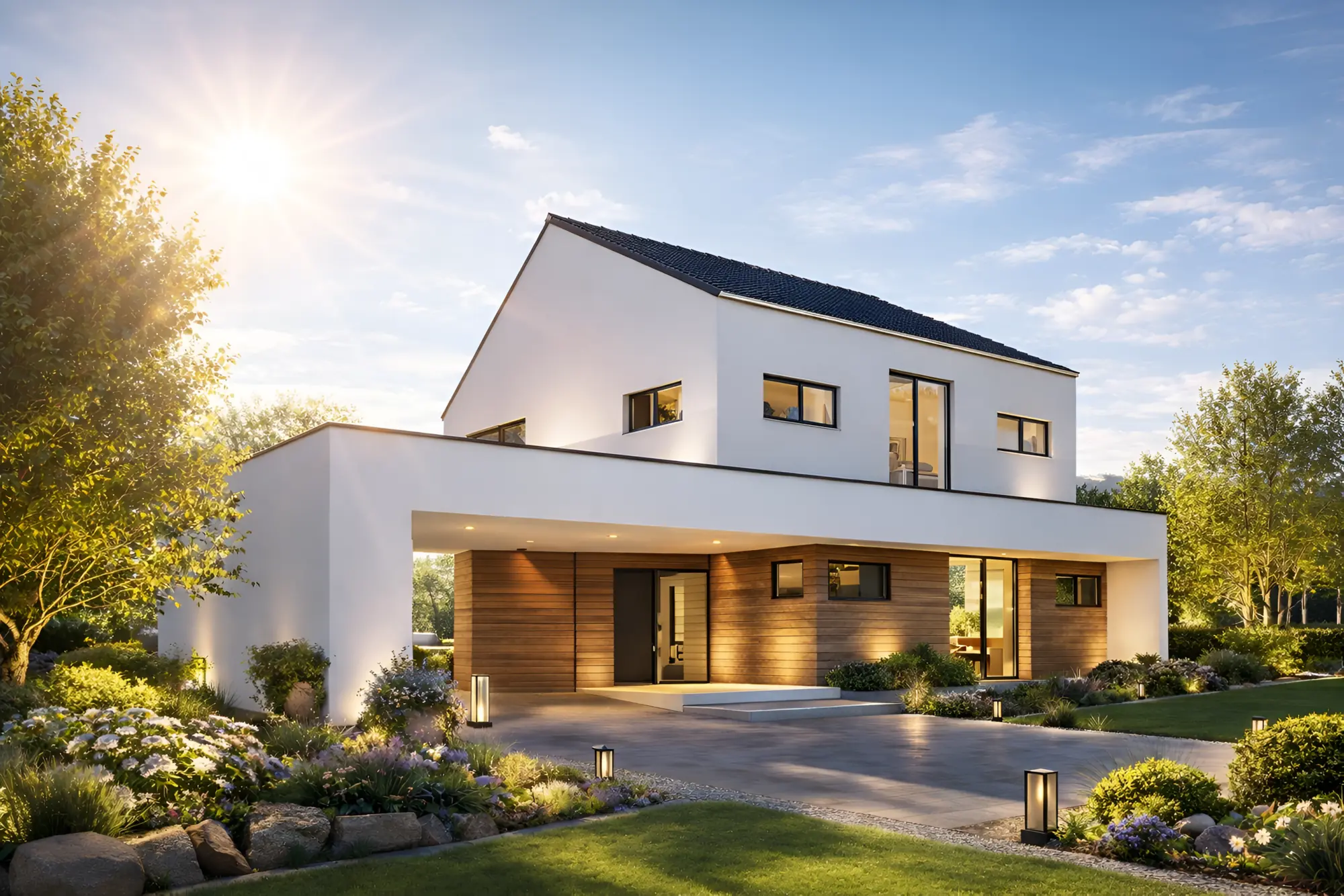 Modernes Argus Architektenhaus mit Holzelementen im Sonnenuntergang